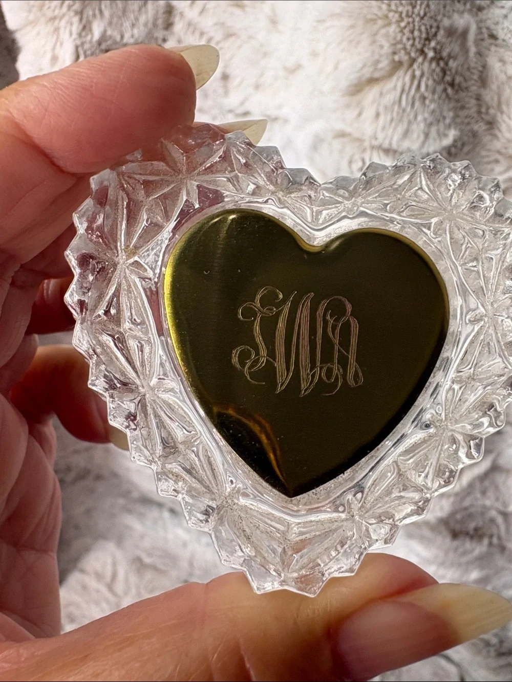 Heart-Shaped 24% Lead Crystal Trinket Dish with Gold Center and Monogram